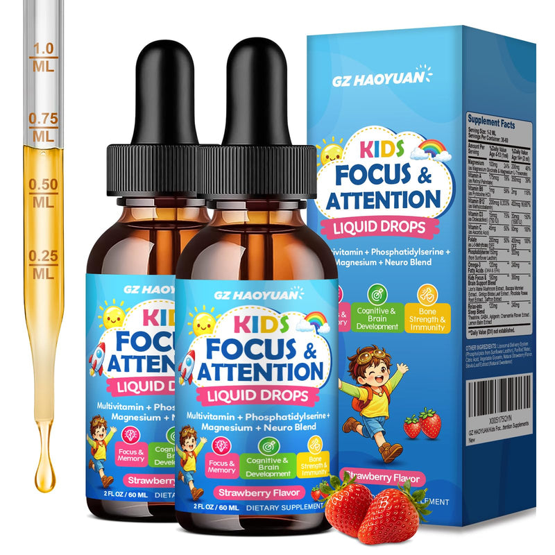 Kids Focus and Attention Supplements with Phosphatidylserine, Omega-3, Magnesium Glycinate, L-Theanine, Folate, Brain Vitamins Liquid Drops for Kids Memory, Cognitive, Sleep & Mood,Strawberry,4 Fl Oz Strawberry 2 Fl Oz (Pack of 2)