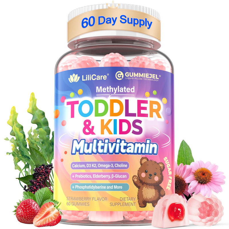 Toddler 2-3 & Kids 4+ Multivitamin Gummies w/ Iron, Omega-3, ARA, Calcium, Prebiotic, Methylated Picky Eater Vitamins for Kids 2+ Growth & Development | Vitamin C, D3 K2, B12, Methylfolate, Sugar Free 60 Count (Pack of 1)