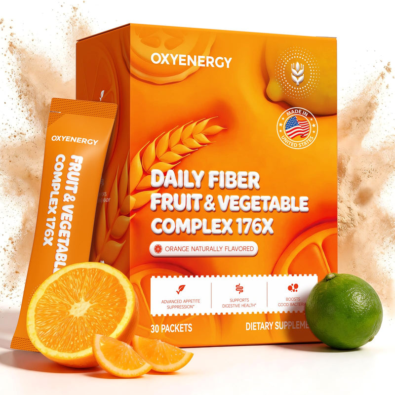 OxyEnergy Fiber Supplement Powder for Women & Men - Fruit & Vegetable Complex Daily Fiber, Weight Loss & Gut Health, Appetite Suppressant & Prebiotics & Relieve Bloating, Orange Flavored 30 Packets