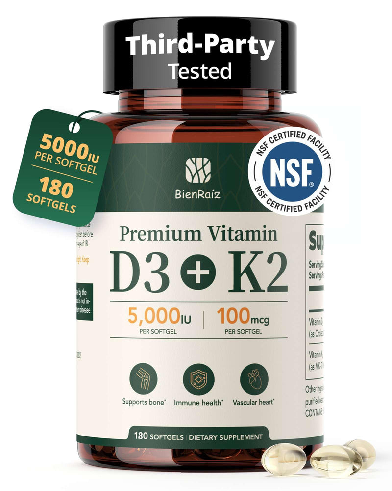 Vitamin D3 K2 5000IU, All-Trans MK-7 100mcg, 180 Softgels | Sunflower Seed Oil, GMP-Certified, Gluten Free, Bone & Heart Health, Immune Support, 3rd-Party Tested 180 Count (Pack of 1)
