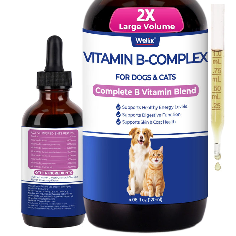 Wellix 4.06 fl oz Vitamin B Complex Drops with Taurine for Dogs and Cats | Vitamin B Complex (B3, B1, B12, B5, B2, etc.) for Dogs and Cats, Appetite Stimulant, Energy Support & Healthy Skin