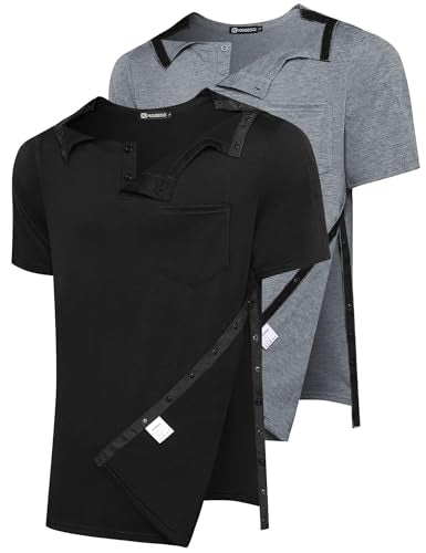 2 Pack Snap Shoulder Surgery Shirts for Men Rotator Cuff Recovery X-Large Black&grey