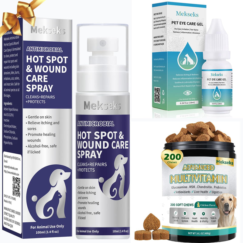 Pet Grooming Kits Gifts for Dogs: Skin Hot Spot Wound Care Spray, Brighten Eyes Tear Stains Remover Drops, Nutritious Vitamin Treats