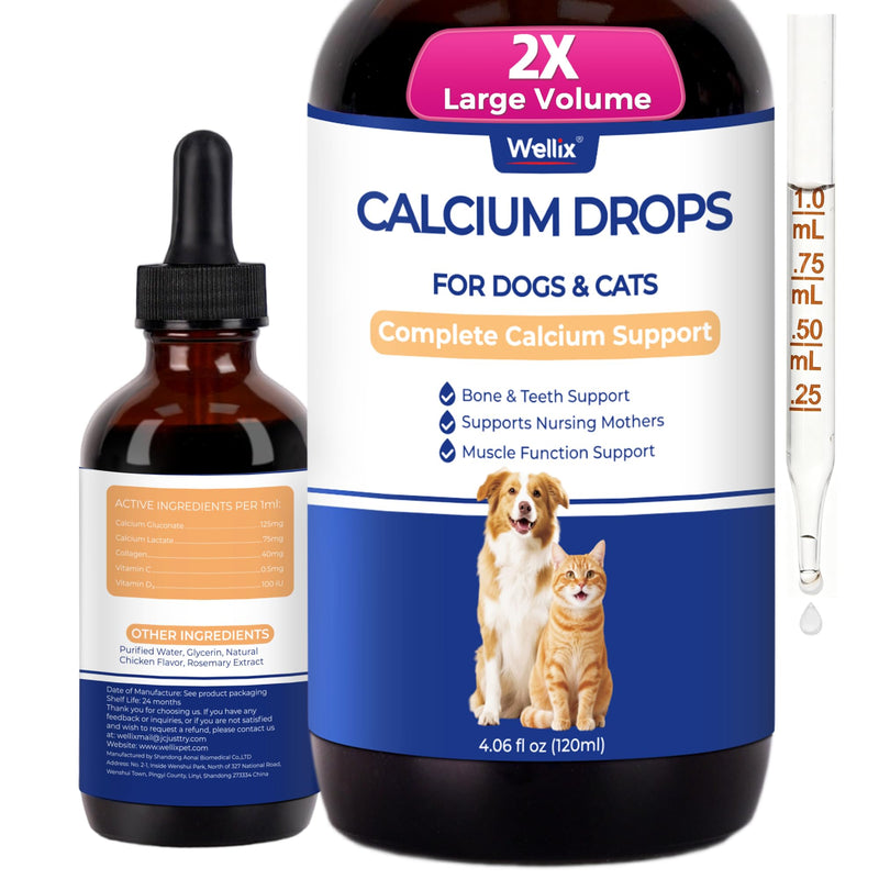 Wellix 4.06 fl oz Liquid Calcium Supplement for Dogs and Cats | Cat & Dog Calcium Supplement with Collagen & Vitamins for Whelping Dogs to Support Strong Bones, Muscles & Calcium Absorption