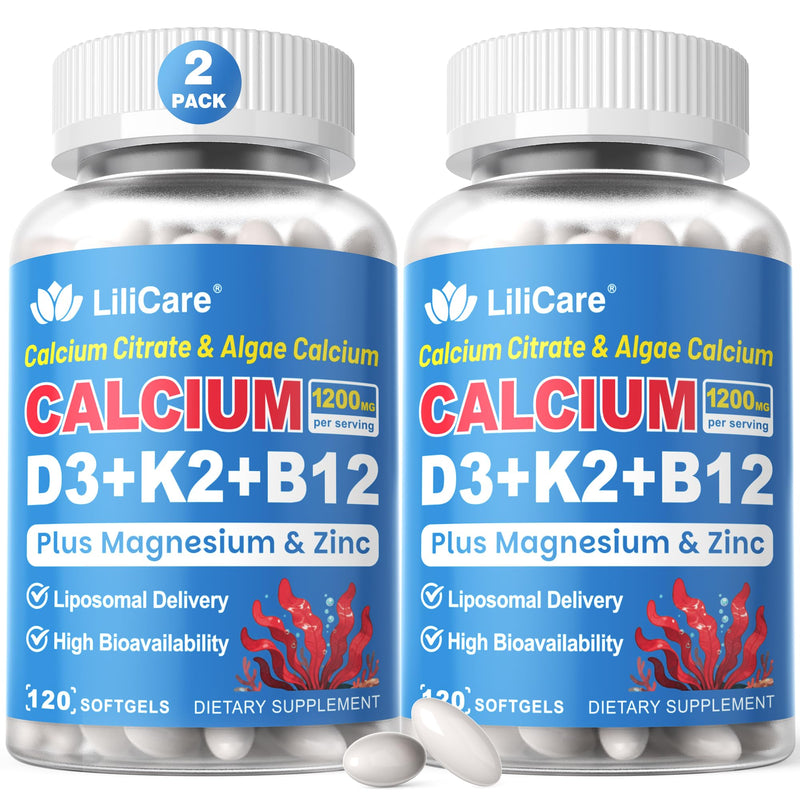 Calcium 1200 mg with Vitamin D3 K2 5000 IU Softgels Supplement for Women Men - Liposomal Calcium Citrate & Algae Calcium Magnesium Zinc + D3 K2 B12, Plant-Based Vegan Vitamin D, Boron for Bone, 2 Pack 120 Count (Pack of 2)