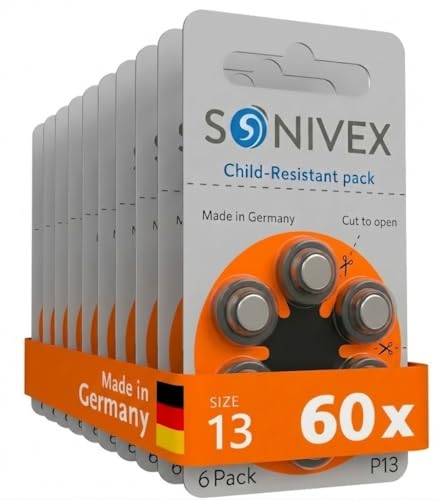 SONIVEX® Hearing Aid Batteries Size 13, PR48, Zinc-Air, Mercury Free, Made in Germany, 60 Count (10 Packs of 6) Size 13 Hearing Aid Batteries