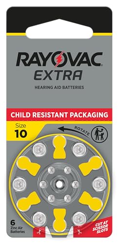 Rayovac Extra Size 10 Hearing Aid Batteries, Long-Lasting Power, Zinc-Air, Mercury Free, 1.45V, Improved Child-Resistant Packaging, Recyclable, 60 Count (10 Packs of 6)