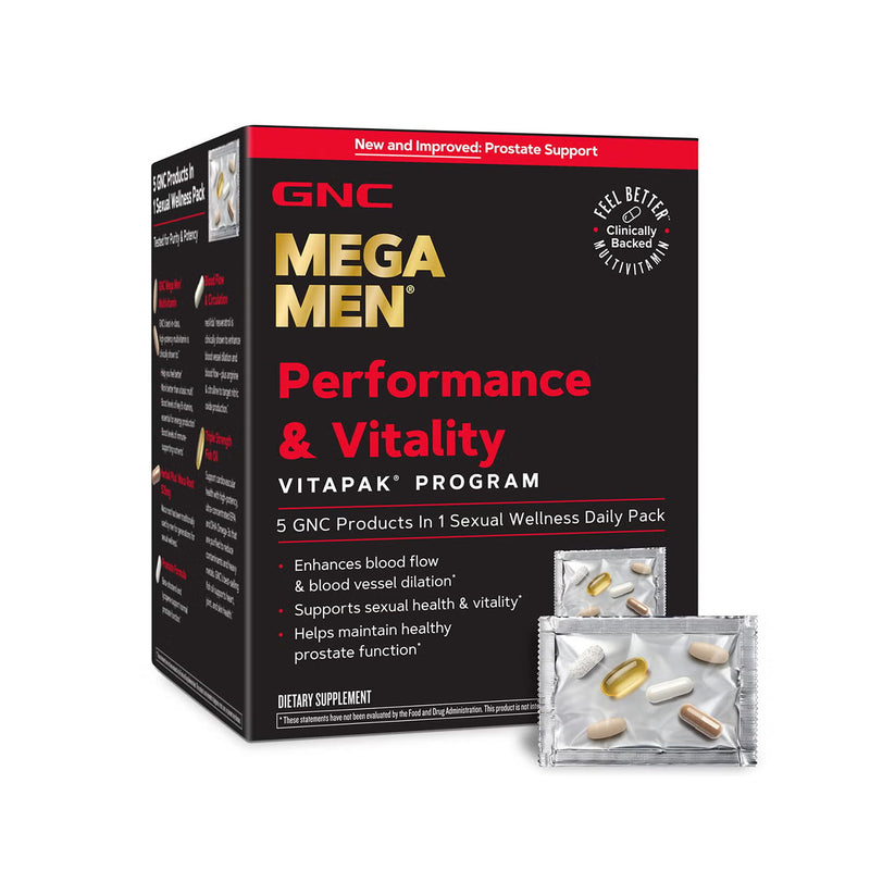 GNC Mega Men Performance and Vitality Vitapak Program for Men, Convenient Complete Nutrition, 5 Products in 1 Pack, Circulation, Blood Flow, Stronger Drive - New & Improved - 30 Packs Old Version