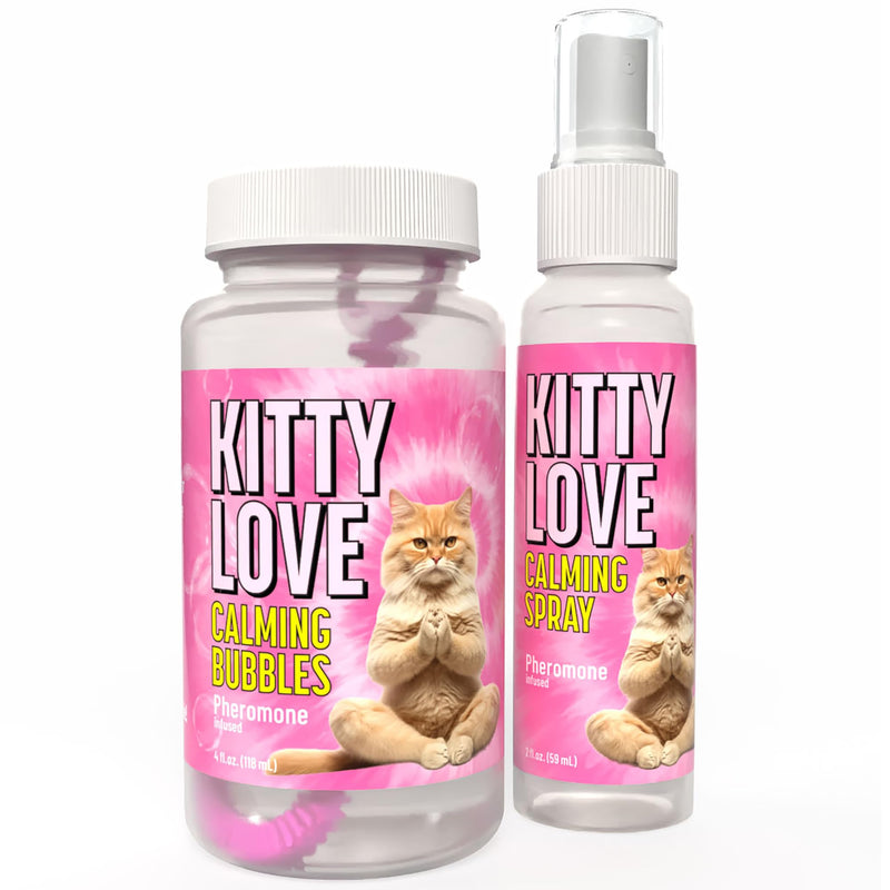 Atomic Bubbles: Kitty Love Play & Spray Duo - Calming Pheromone - 4oz Scented Bubble Bottle, 2oz Spray - Relieve Cat Anxiety, Sensory Set, in-Outdoor