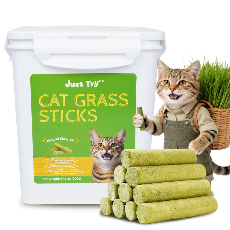 Just Try Cat Grass Sticks for Cat Hairball Control & Teeth Cleaning Dental Chews for Cats Crunchy Cat Treats for Indoor Cats Healthy Cats Treats (17.6 OZ)