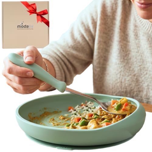 Modaliv Silicone Scooper Plate with Suction Base for Adults, Sage Green