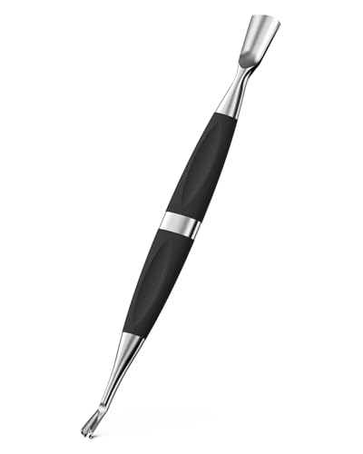 FERYES 2-in-1 Professional Cuticle Pusher & Remover Tool with Non-Slip Silicone Handle, Stainless Steel Nail Cleaner Tool for Manicure, Cuticle Remover Tool for Home & Salon Use-Black Black