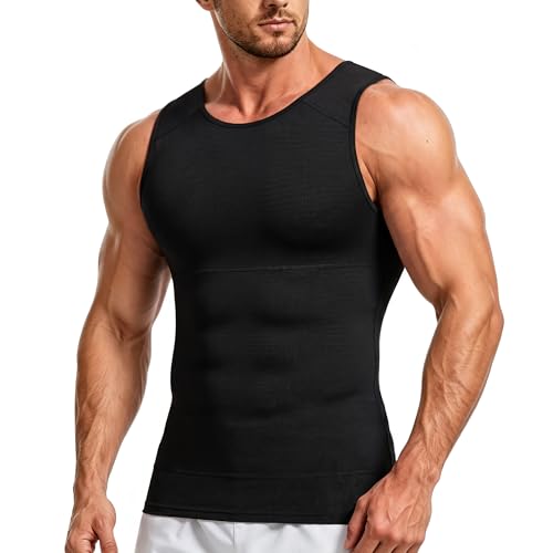 TAILONG Compression Shirt Men Shapewear - Instant Slimming Undershirt for Gynecomastia & Tummy Control Body Shaper Tank Top Large Black