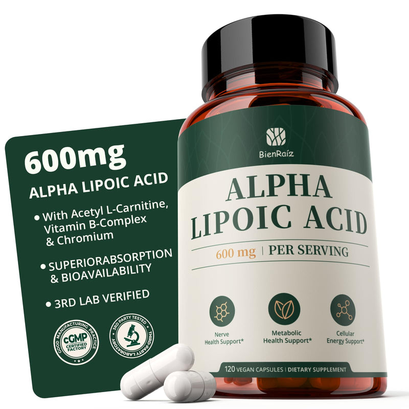 Alpha Lipoic Acid 600mg with B Vitamins, Chromium & ALCAR, 120ct | 3rd Lab Tested ALA Supplement for Men & Women Nerve, Energy & Metabolism Support. 60-day supply. Vegan, Non-GMO, Gluten Free
