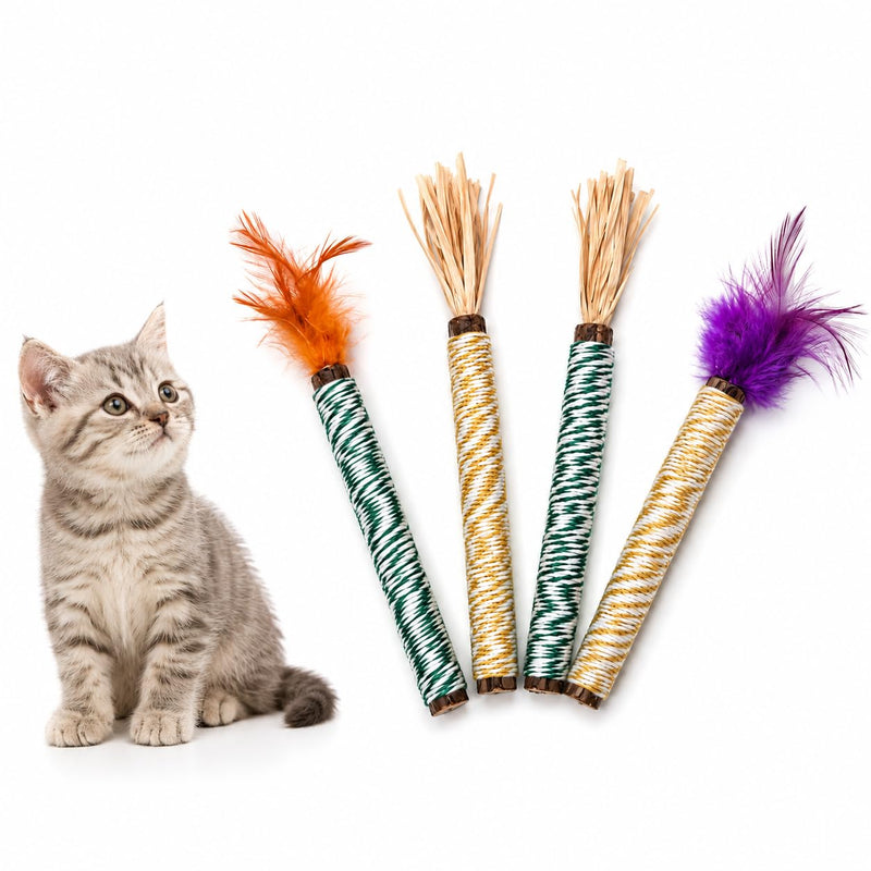 Cat Silvervine Toys - Natural Matatabi Cat Chews with Feathers & Raffia, Organic Catnip Sticks for Dental Care, Stress Relief (4 Packs)