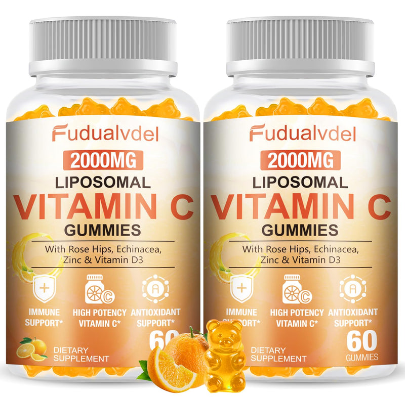 2 Pack 2000mg Liposomal Vitamin C Gummies for Adults & Kids Immune Support, Antioxidant & Collagen Booster Complex with Rose HIPS, 5000IU D3 ,Elderberry, Echinacea, Iron & Zinc, Orange Flavor, 120 Cts 60 Count (Pack of 2)