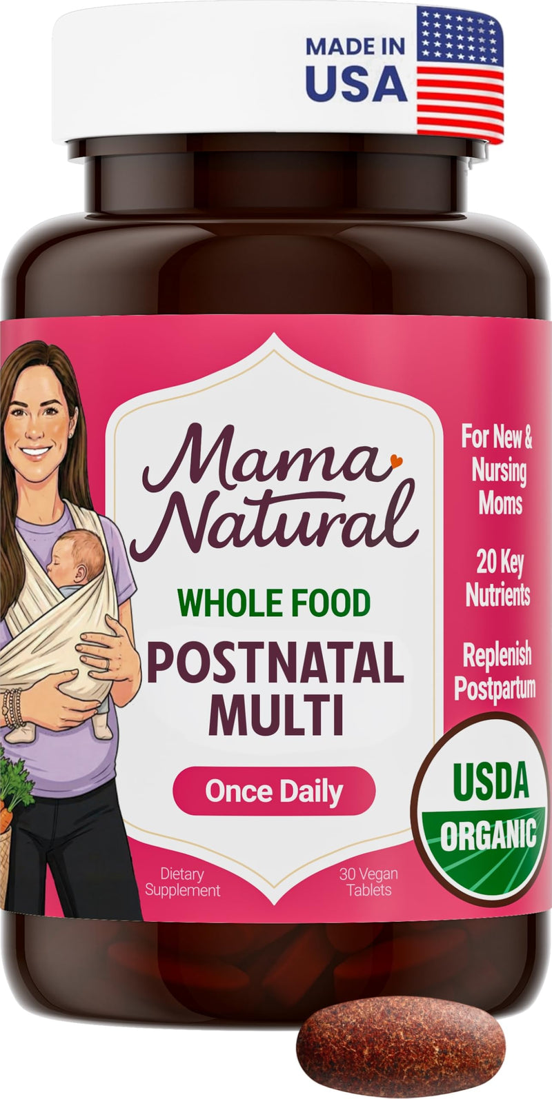Mama Natural Organic Postnatal Vitamins for Women | One A Day Whole Food Postnatal Multivitamin for Breastfeeding & Postpartum Support | Non-GMO with Iron, Iodine & Moringa | 30 Servings