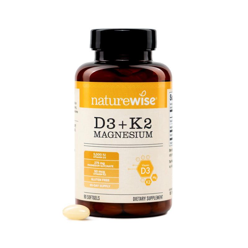 NatureWise Vitamin D3 5000IU + K2 & Magnesium Glycinate 275mg - 90 Softgels | Extra-Strength D3 125mcg, K2 50mcg, High Absorption Chelated Magnesium Supplement, Bone Support.* 90-Day Supply.