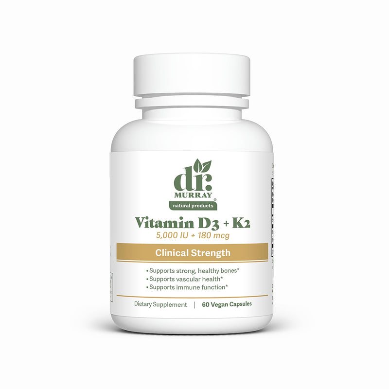 Dr. Murray's Vitamin D3-K2 Supplement with Coconut Oil MCTs -5,000 IU-Gluten Free - Non-GMO- Vegan Capsules | Third-Party Tested | GMP Certified | 60 Count