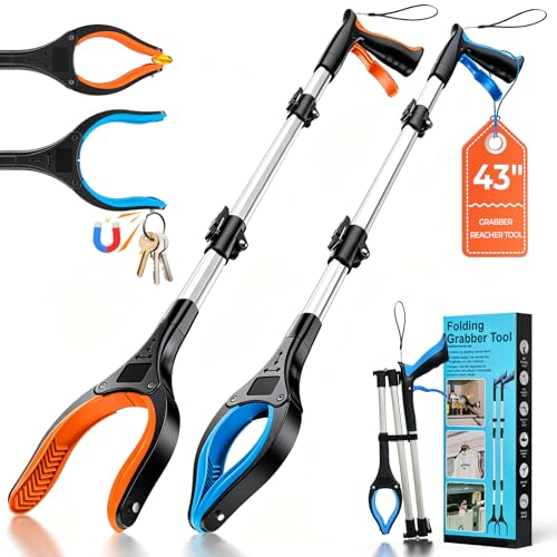 44" Grabber Reacher Tools, 2 Pack Upgraded Strong Foldable Reacher Grabber Heavy Duty Pickup Tool, 4" Wide Claw Opening & 360° Rotating Jaw & Magnet Lightweight Grabber Tool for Senior Patient 44 Inch
