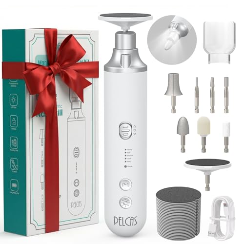 PELCAS Electric Nail Filer, Cordless Nail Drill with LED Light & 5 Speeds Silver