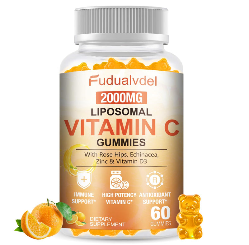 1 Pack 2000mg Liposomal Vitamin C Gummies for Adults & Kids Immune Support, Antioxidant & Collagen Booster Complex with Rose HIPS, 5000IU D3 ,Elderberry, Echinacea, Iron & Zinc, Orange Flavor, 60 Cts 60 Count (Pack of 1)