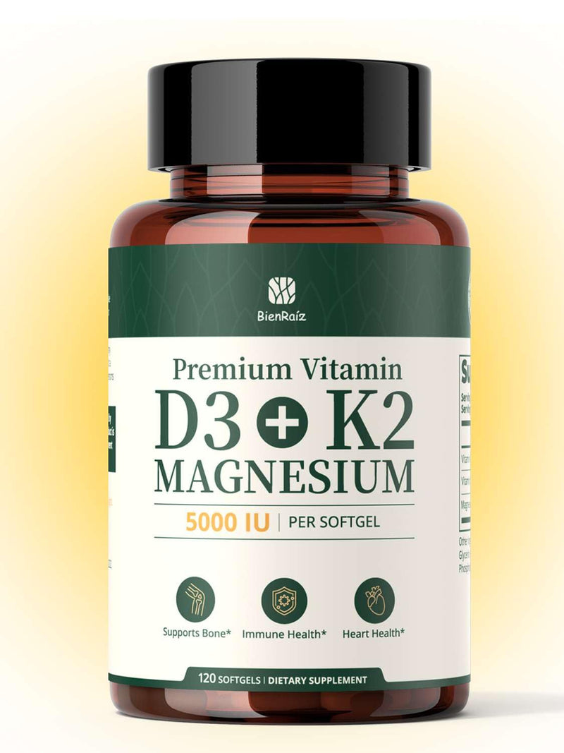 Vitamin D3 K2 5000IU 100mcg MK7, 120 Easy to Swallow Softgels | K2 D3 Vitamin Supplement with Magnesium Glycinate to Support Bone & Heart health, Calcium Absorption, Non-GMO, Gluten Free