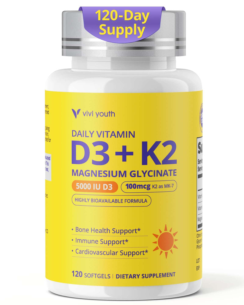Vitamin D3 K2 5000 IU, Enhanced with Magnesium Glycinate | D3 and K2 Supplements for Bone, Heart & Immune Support - Non-GMO, Gluten Free, Soy Free Softgels, 120 Day Supply
