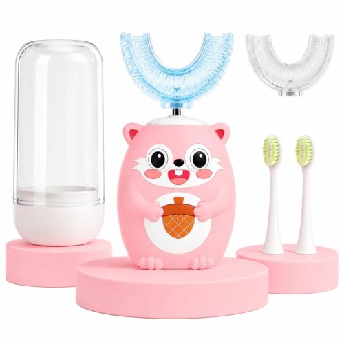 Kids U-Shaped Automatic Electric Toothbrush, Children’s 360° Mouthpiece Design for Full-Mouth Cleaning, 3 Cleaning Modes, Cute Animal Squirrel Style Pink