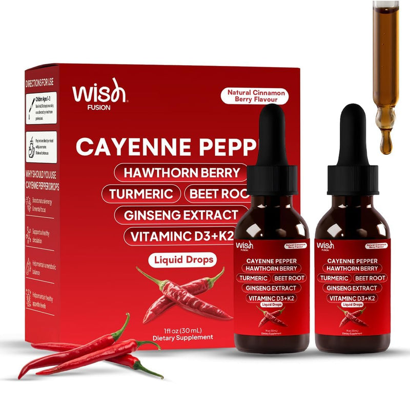 Cayenne Pepper Drops with Hawthorn Berry, Turmeric, Beet Root & Ginseng Vitamin D3 + K2, 2 Pack Organic Cayenne Pepper Drops for Men Support Circulation & Energy Liquid Cayenne Pepper