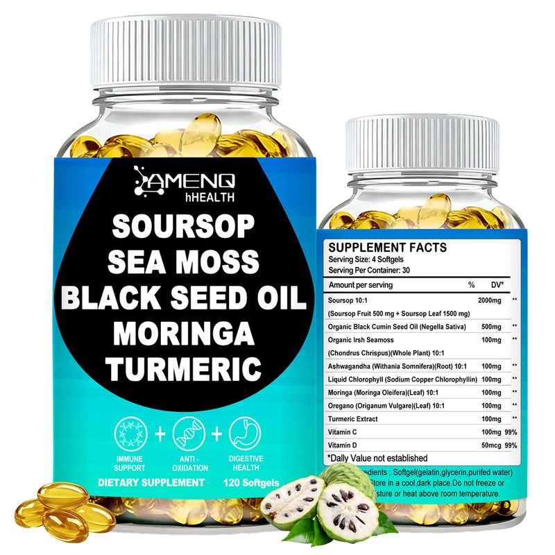 Soursop Supplement Softgels with Soursop Leaf, Fruit & Black Seed, 10-in-1 | Extra Strength Sour Sop Herbal Formula w. Irish Sea Moss & Moringa for Immune & Antioxidant Support, Vegan, Non-GMO, 120Count