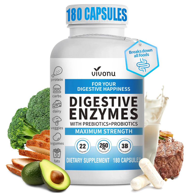 VivoNu Digestive Enzymes | 22 Enzymes with Organic Prebiotics & Probiotics | Supports Digestion* of Protein, Carbs, Fiber & Dairy | 180 Capsules 180 Count (Pack of 1)