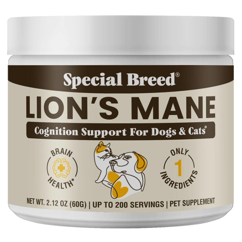 Lion’s Mane for Dogs & Cats - Cognitive & Brain Support Supplement - Supports Memory, Focus & Nervous System Health - Organic Mushroom Powder - 200 Servings