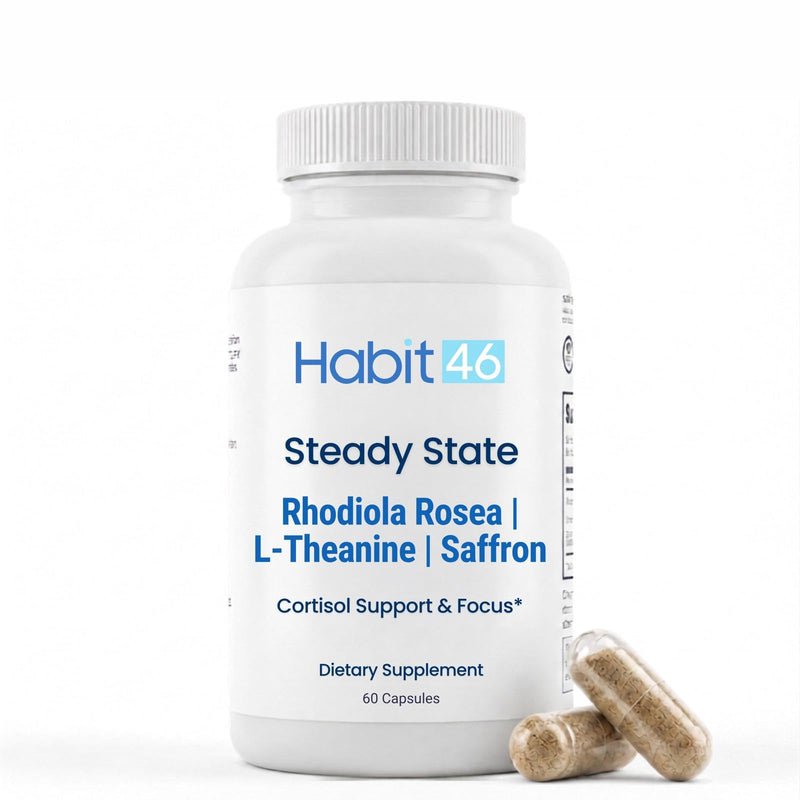 Steady State, Rhodiola L-Theanine Saffron, Cortisol Support, 60ct | Supports calm focus and a healthy stress response. Rhodiola 200mg, L-Theanine 200mg, Saffron 30mg. No stimulants, vegan.