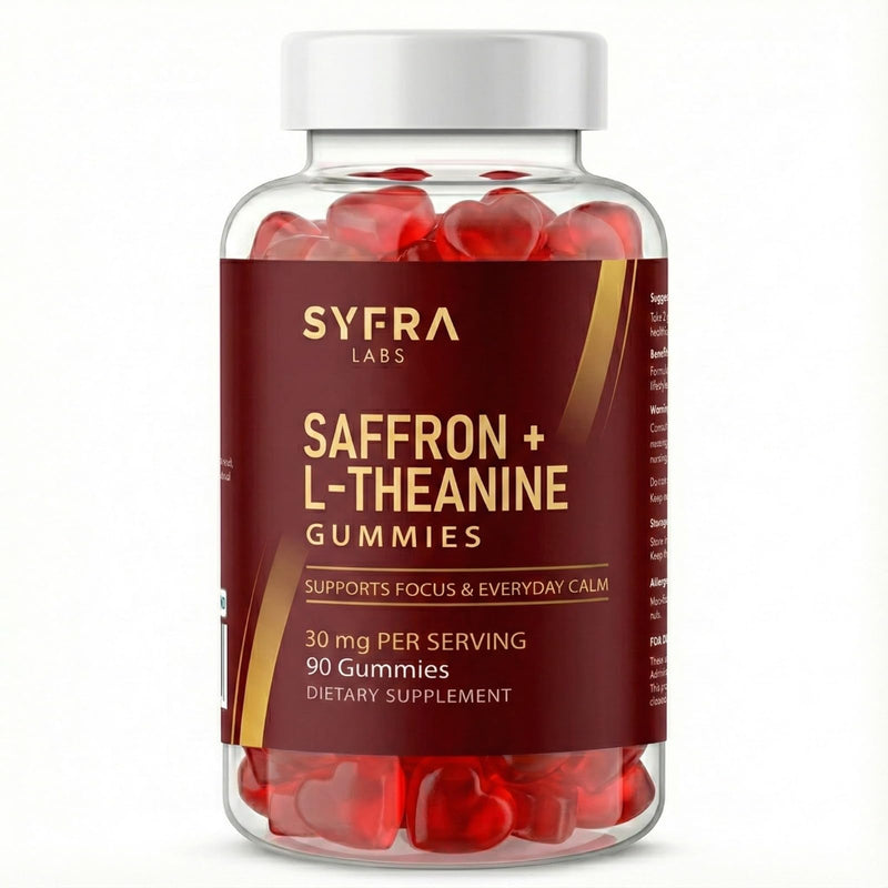 Saffron & L-Theanine Gummies – 200mg L-Theanine + 30mg Saffron Extract per Serving – Supports Calm & Focus – Sugar-Free, Vegan, Berry Flavor – 90 Gummies (45 Servings)