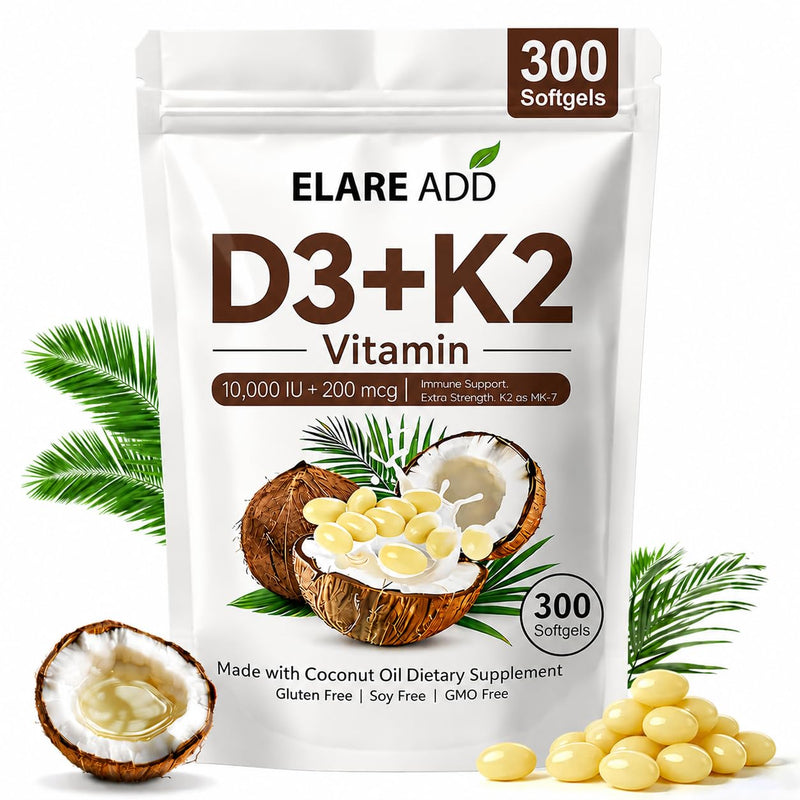 Vitamin D3 K2 10,000 IU MK-7 200 mcg D3 and K2 Supplements with Coconut Oil | 300 Softgels, 2-in-1 Vitamins D & K Complex, Extra Strength, Easy to Swallow, Non-GMO, Gluten Free