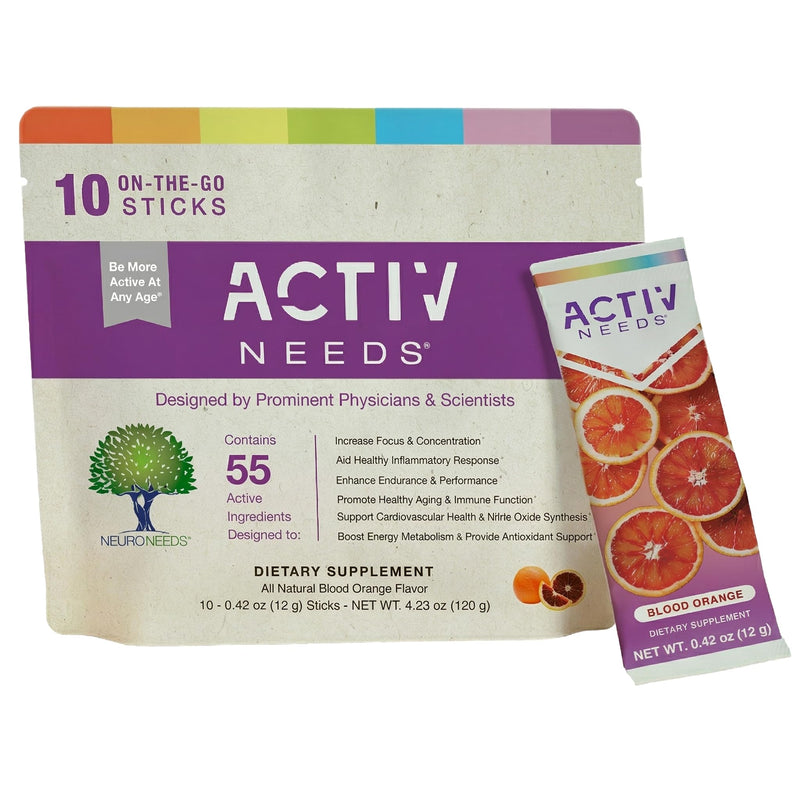 ActivNeeds Stick Packs by NeuroNeeds – 55 Ingredient Mitochondrial Energy Powder, Nootropic Blend for Focus, Endurance and Recovery, Vegan, Gluten-Free, Blood Orange (10 Servings) 0.42 Ounce (Pack of 10)