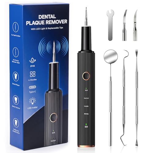 Ultrasonic Plaque Remover for Teeth - Dental Tartar Remover with LED Light, 4 Modes Rechargeable Teeth Cleaning Kit, Electric Dental Calculus Remover with 3 Stainless Steel Heads for Home & Travel Black