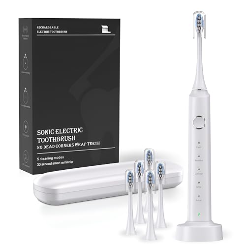 Sonic Electric Toothbrush for Adults, 38,400 VPM Magnetic Levitation Motor Rechargeable Toothbrush with 6 Copper-Free Brush Heads & Travel Case, 5 Modes, IPX7 Waterproof, USB Fast Charge, White