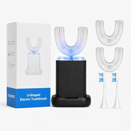 U-Shaped Electric Toothbrush for Adults, Electric Toothbrush with IPX7 Waterproof, ultrasonic Toothbrush with 4 Clean Modes & 3 Light Modes, Travel Friendly u Shaped Toothbrush