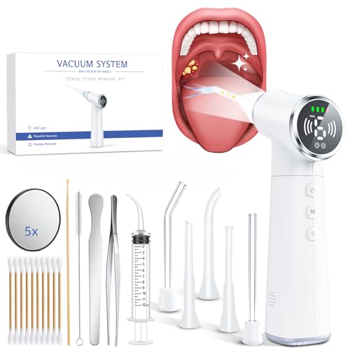 Electric Tonsil Stone Remover, 6 Suction Modes, 6-in-1 Probes & Ultra-Bright LED, Tonsil Stone Vacuum Kit with Food-Grade Silicone Tips, Painless Cleaning for Fresh Breath,Rechargeable & Waterproof M