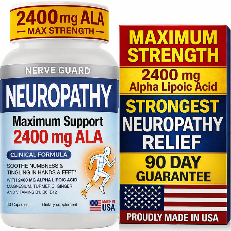 Nerve Relief Neuropathy Sciatica Support Supplement with 2400 mg Alpha Lipoic Acid to Reduce Nerve Discomfort in Feet Hands Toes – 2400mg ALA, Vitamins B12 B6 & B1, Magnesium, Turmeric – 60 Capsules White-radiant