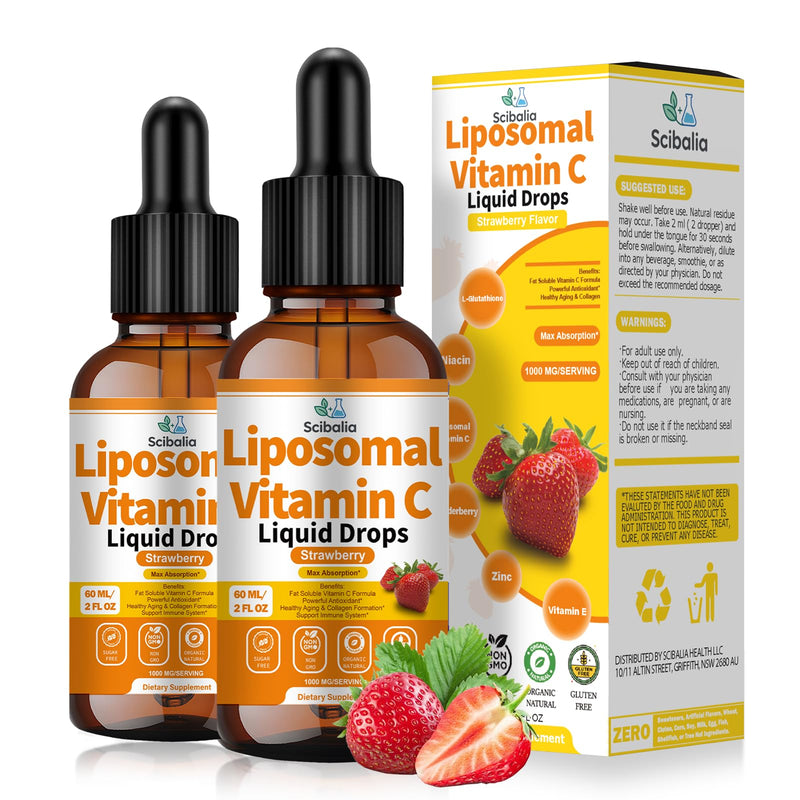 2 Pack Liposomal Vitamin C 1000mg Drops, Liquid Vitamin C Formula | High Potency 6-in-1 Fat Soluble VIT C w. Zinc Elderberry Glutathione Niacin, Immune Support Antioxidant Collagen Production Strawberry 2 Fl Oz (Pack of 2)