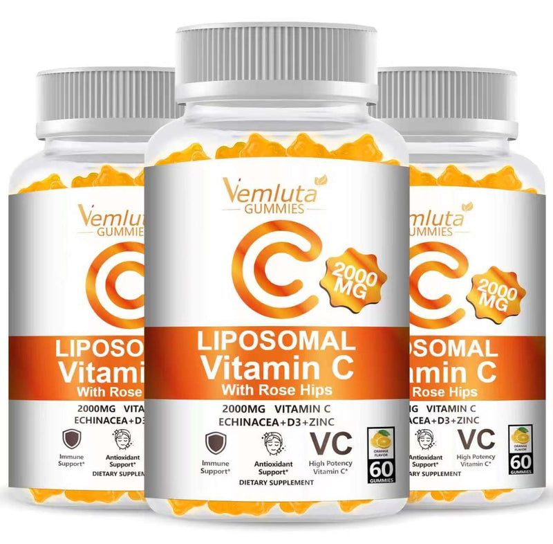 3 Packs Liposomal Vitamin C 2000mg Gummies Complex Rose Hips with D3 5000IU,Elderberry Echinacea,Iron & Zinc for Adults Kids Immune,Antioxidant & Collagen Support,Orange Flavor, 180Count Orange 60 Count (Pack of 3)
