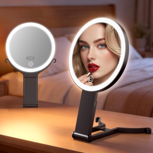 Travel Magnifying Makeup Mirror with Lights, Double Sided 40X/1X, 6inch 40x-black