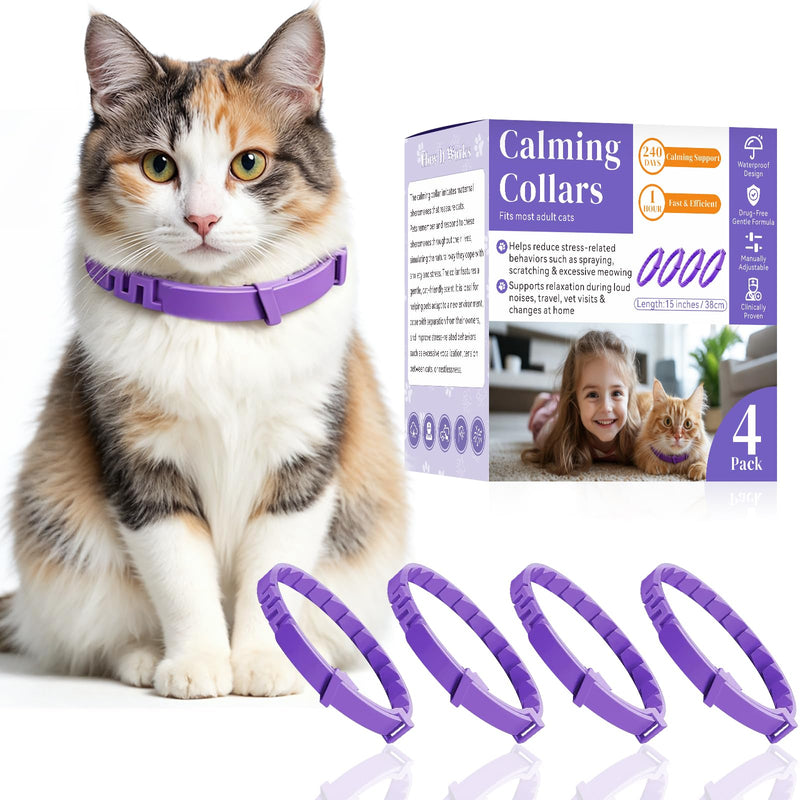 Calming Collar for Cats, 4 Pack Cat Pheromone Collar, 60-Day Each, 240 Days Total, Adjustable 15 Inch Cat Calming Collars for Indoor Cats, Water Resistant, Purple