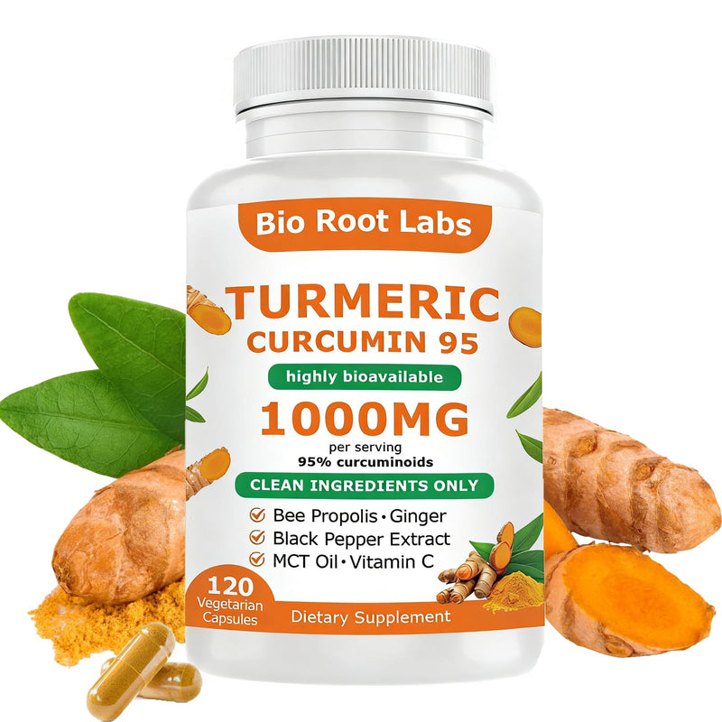 1pcsBio Root Labs Turmerc Curcumin Supplement, BioRoot Labs Tumeric Curcumin 1,00omg - 95% Curcuminoids wth Black Pepper & Ginger,Fat Soluble Vitamin C,Enhanced Absorption,120 Capsules (1PCS) 1pcs