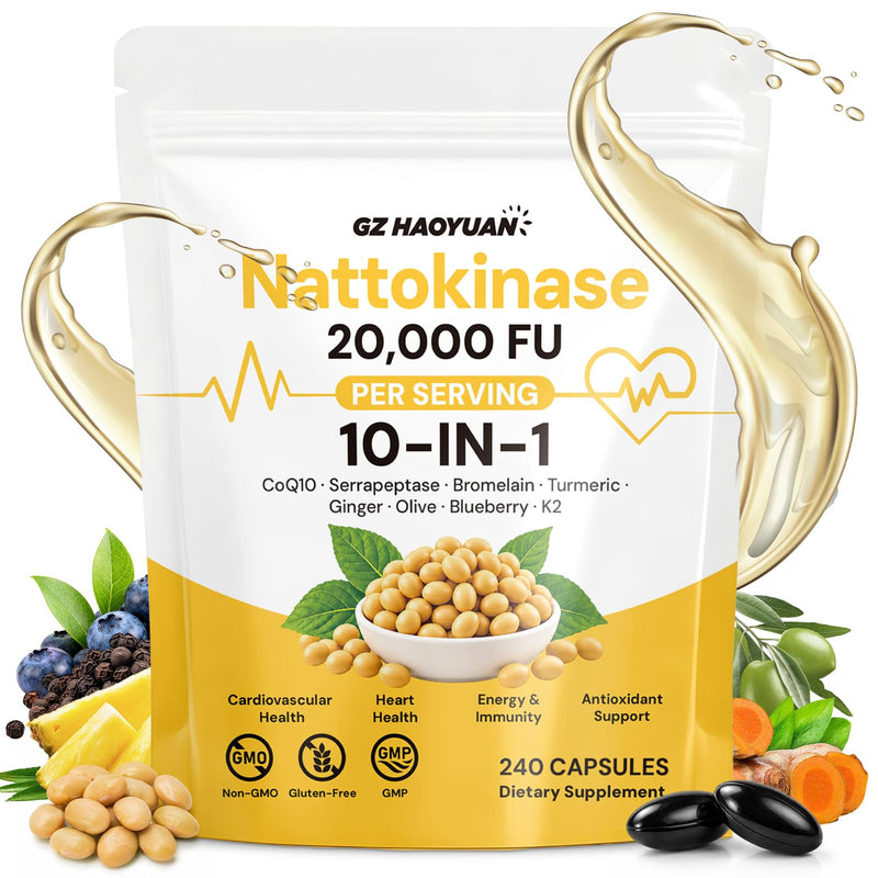 Nattokinase Supplement 20,000 FU, Triple Enzyme Complex with Serrapeptase & Bromelain, CoQ10, Vitamin K2, Turmeric, Botanical Extracts, Heart & Circulation Support, Healthy Aging,Non-GMO,240 Capsules