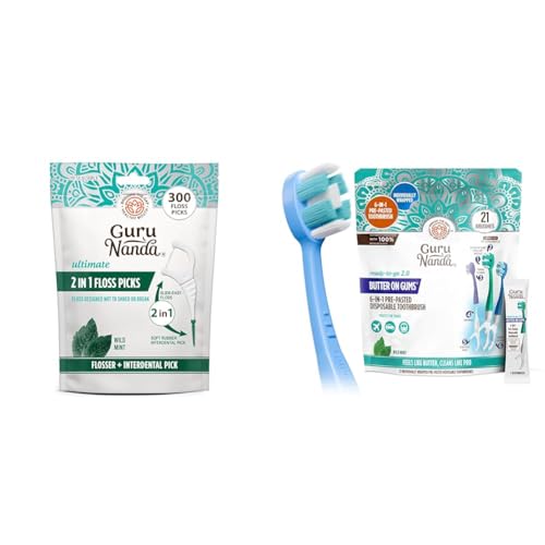 GuruNanda 2-in-1 Dental Floss Picks PFAS-Free Non-Slip No-Shred Mint 300Ct & 6-in-1 Ready-to-Go Disposable Toothbrush Softex Bristles TSA-Friendly Individually Wrapped 21Ct