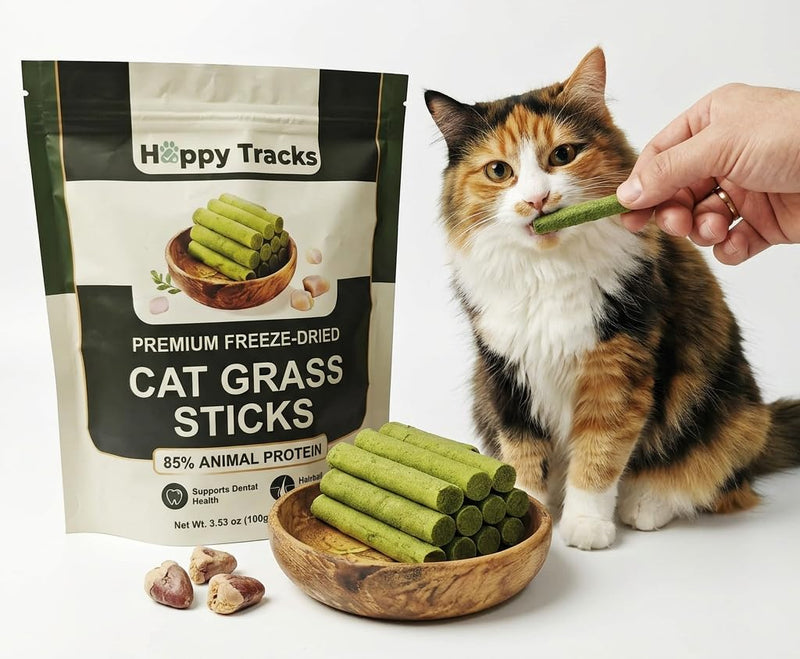 Happy Tracks Cat Grass Sticks for Cats — Freeze-Dried Chicken & Barley Grass | High Protein Grain-Free Cat Snack | Hairball Control & Dental Support | 3.53oz / 20 Sticks